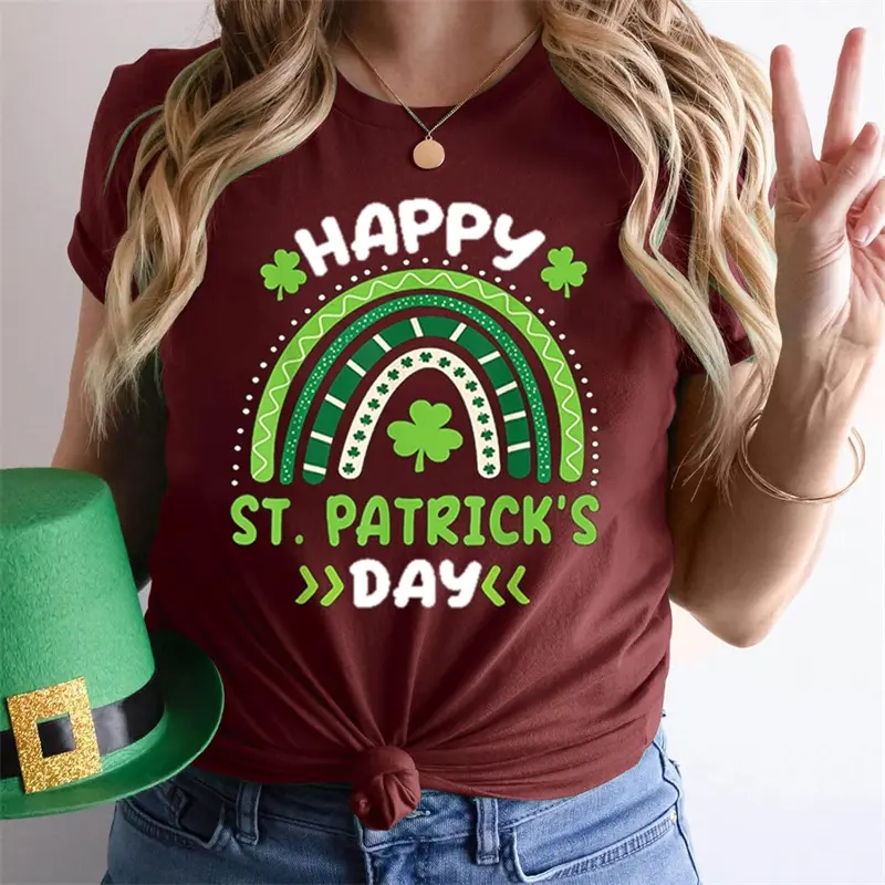 2025 Happy St Patrick Day T-shirt For Women Solid Color Simple Street Fashion T Shirts 3D Print Graphic Festival Lucky Tee Top