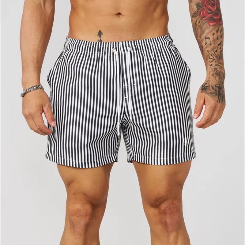 Simple Fine Line Stripes Pattern Men Beach Short Beach Casual Quick Dry Drawstring Board Shorts Summer Daily Sport Swim Trunk