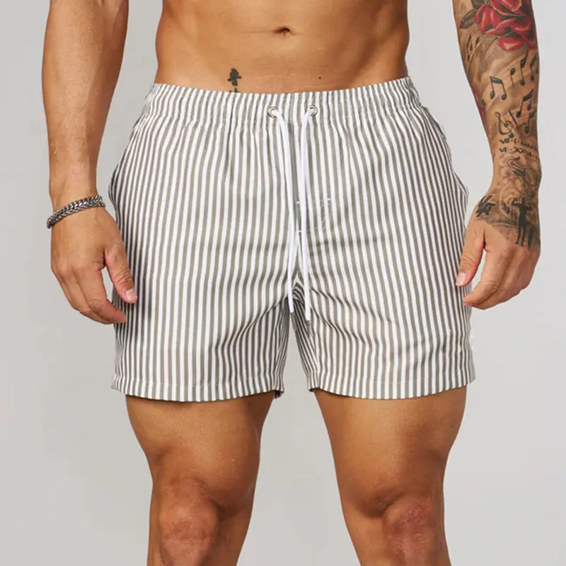 Simple Fine Line Stripes Pattern Men Beach Short Beach Casual Quick Dry Drawstring Board Shorts Summer Daily Sport Swim Trunk