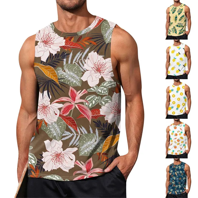 Beach Leisure Flower Graphic Vest Top For Men Coconut Tree Full Over Print Loose Summer Sleeveless Tee Fashion Trend T-shirt