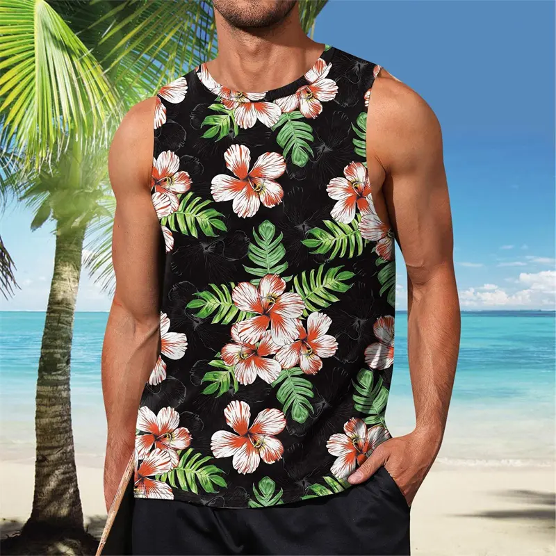 Beach Leisure Flower Graphic Vest Top For Men Coconut Tree Full Over Print Loose Summer Sleeveless Tee Fashion Trend T-shirt