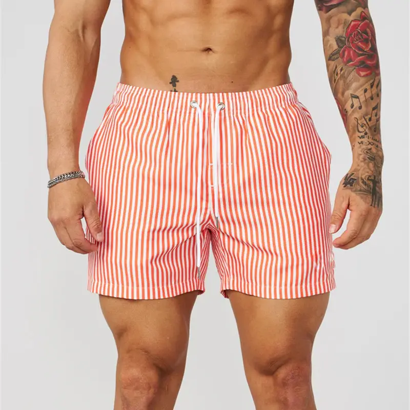 Simple Fine Line Stripes Pattern Men Beach Short Beach Casual Quick Dry Drawstring Board Shorts Summer Daily Sport Swim Trunk