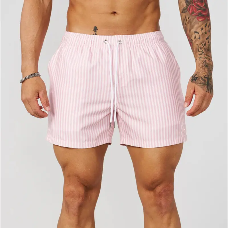Simple Fine Line Stripes Pattern Men Beach Short Beach Casual Quick Dry Drawstring Board Shorts Summer Daily Sport Swim Trunk