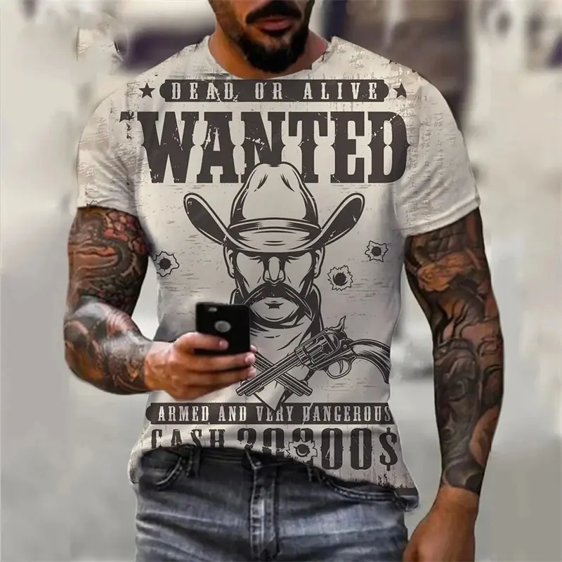 Vintage Cowboy T Shirts Men's Clothing Round Neck Short Sleeves T-shirt Harajuku Streetwear 3D Printed Casual Cool Tees Top