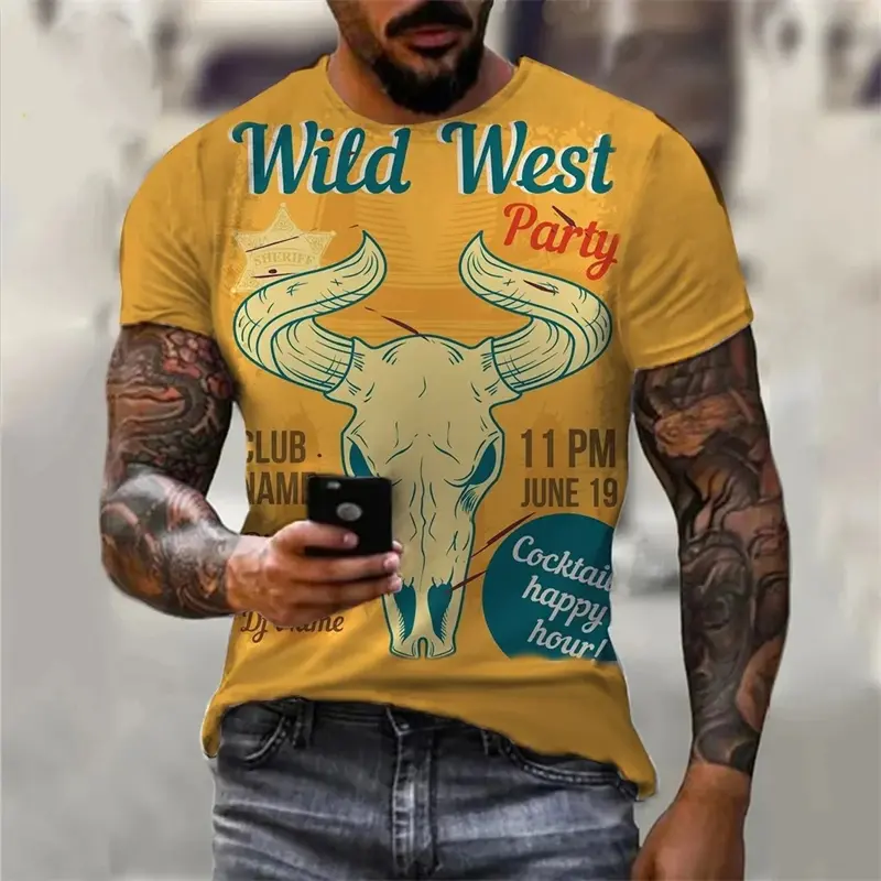 Vintage Cowboy T Shirts Men's Clothing Round Neck Short Sleeves T-shirt Harajuku Streetwear 3D Printed Casual Cool Tees Top