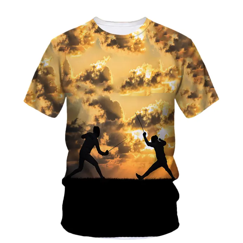 Fencing Cartoon Style Print T-shirt For Men Funny Casual Fencing Hobby Personality Gift Short Sleeve T Shirts Loose Breathable