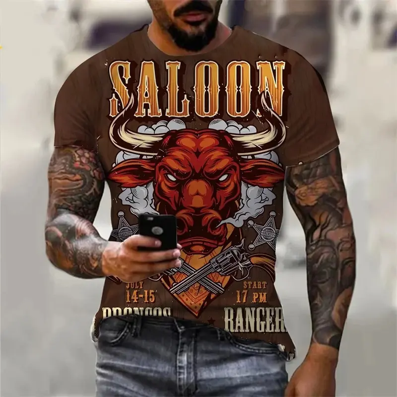 Vintage Cowboy T Shirts Men's Clothing Round Neck Short Sleeves T-shirt Harajuku Streetwear 3D Printed Casual Cool Tees Top