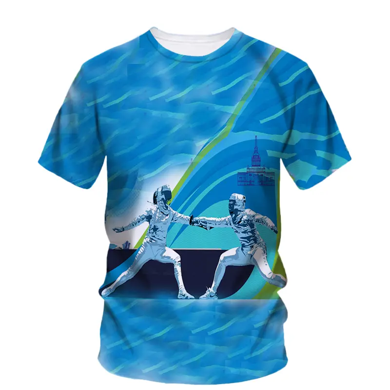 Fencing Cartoon Style Print T-shirt For Men Funny Casual Fencing Hobby Personality Gift Short Sleeve T Shirts Loose Breathable