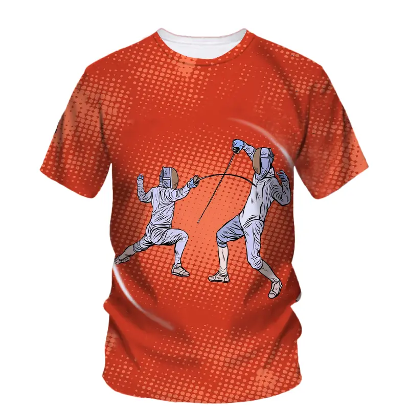 Fencing Cartoon Style Print T-shirt For Men Funny Casual Fencing Hobby Personality Gift Short Sleeve T Shirts Loose Breathable