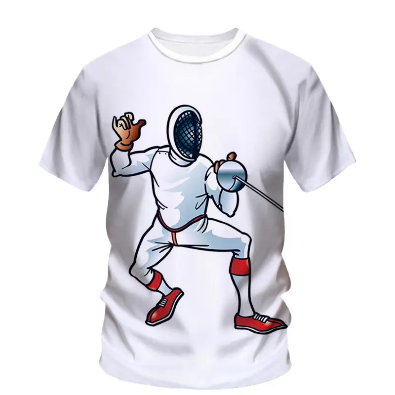 Fencing Cartoon Style Print T-shirt For Men Funny Casual Fencing Hobby Personality Gift Short Sleeve T Shirts Loose Breathable