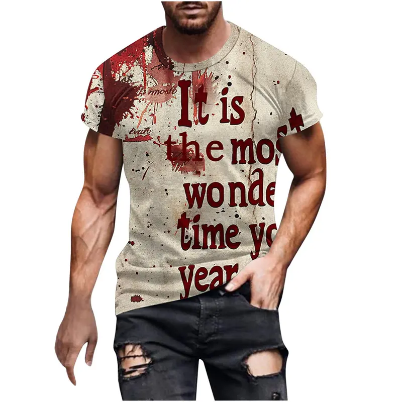 Halloween Street T-shirt Men's Clothing Short Sleeves Round Neck T Shirts 3D Blood Graffiti Fashion Trendy Festival Tees Top