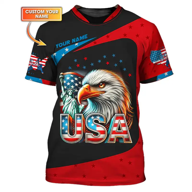 Custom Name USA Flag Print T-shirt For Men's Clothing Streetwear Pride Pattern T Shirts Fashion Trend Bald Eagle Pattern Tee Top