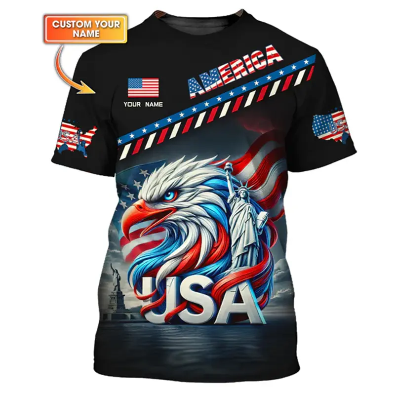 Custom Name USA Flag Print T-shirt For Men's Clothing Streetwear Pride Pattern T Shirts Fashion Trend Bald Eagle Pattern Tee Top