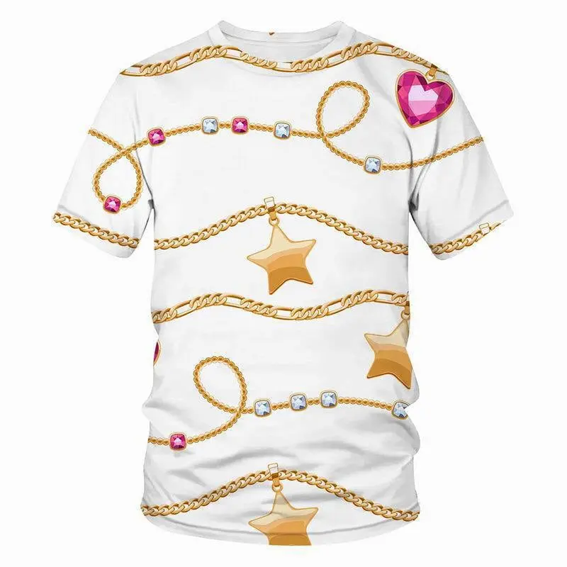 Crystal Necklace Pattern T-shirt Leopard Jewelry 3D Printing T Shirt Round Neck Short Sleeves Summer For Men Street Fashion Tee