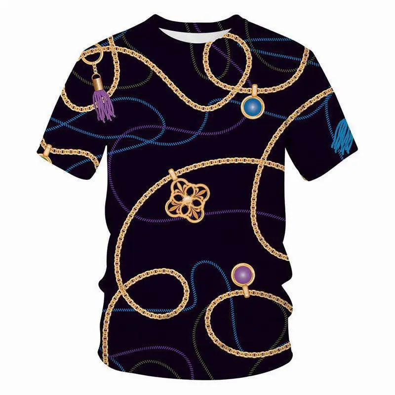 Crystal Necklace Pattern T-shirt Leopard Jewelry 3D Printing T Shirt Round Neck Short Sleeves Summer For Men Street Fashion Tee