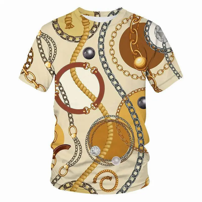 Crystal Necklace Pattern T-shirt Leopard Jewelry 3D Printing T Shirt Round Neck Short Sleeves Summer For Men Street Fashion Tee