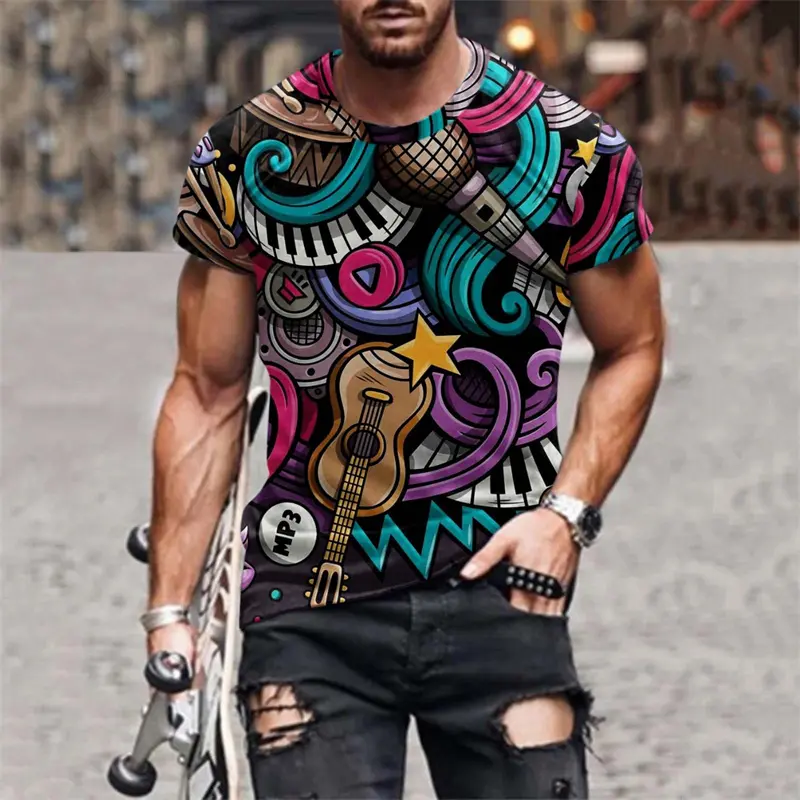 Guitar Street Music T Shirt Men's Clothing Cool 3d Printed Graffiti Hip Hop Short Sleeve Tee Shirt Fashion Harajuku Pop Tees Top