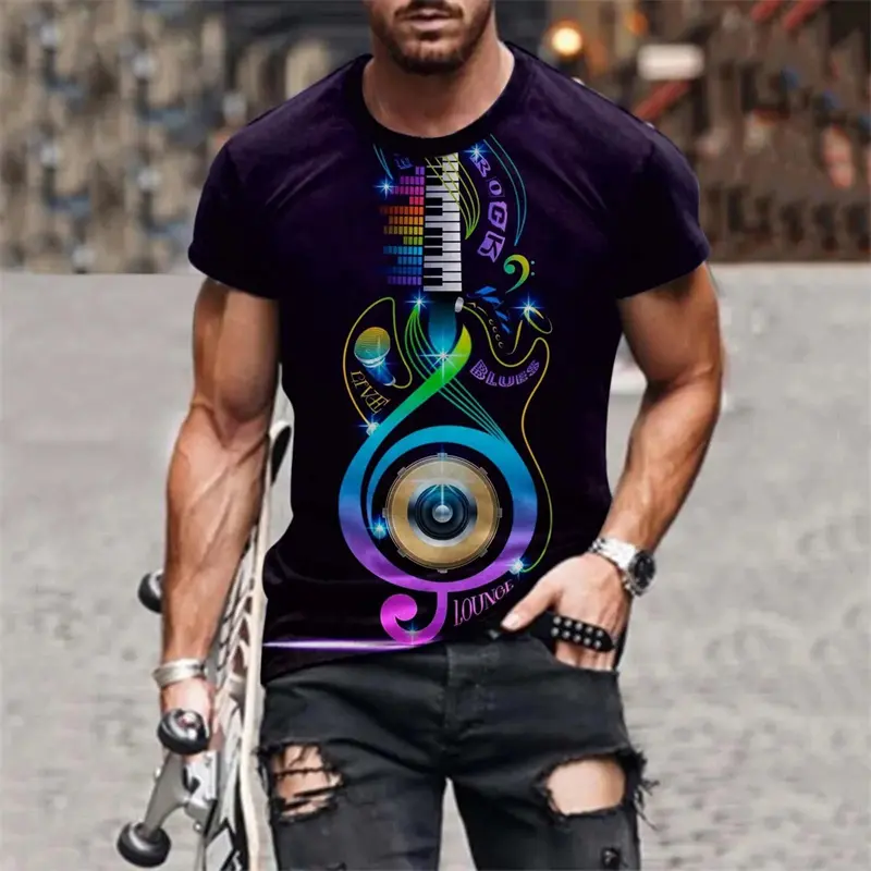 Guitar Street Music T Shirt Men's Clothing Cool 3d Printed Graffiti Hip Hop Short Sleeve Tee Shirt Fashion Harajuku Pop Tees Top
