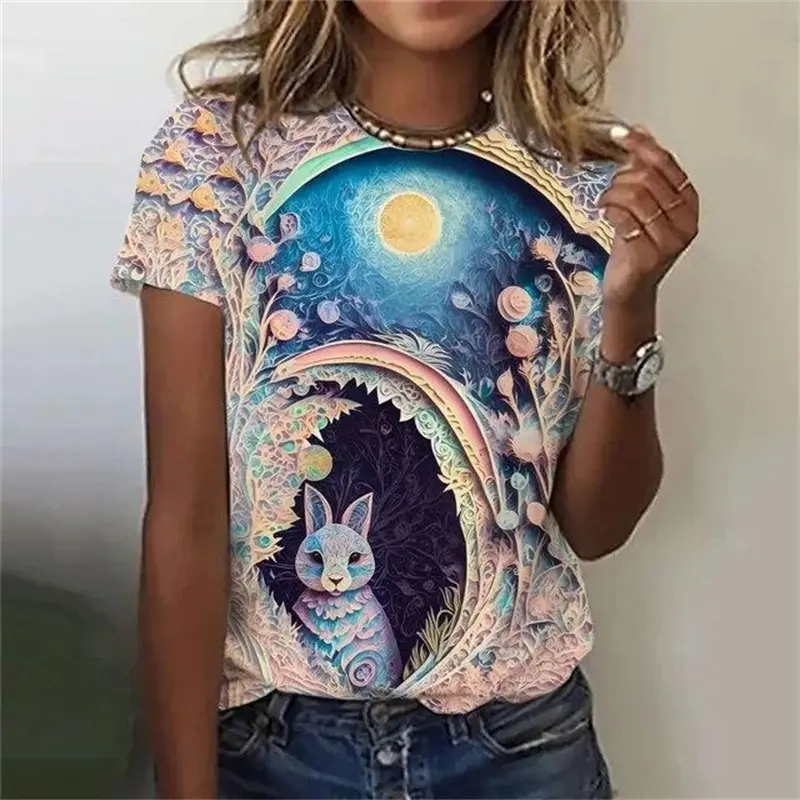 Rabbit Funny T-shirt Women Clothing 3d Print Design Easter Short Sleeve T Shirts Harajuku Street 2025 Summer New Female Tee Top