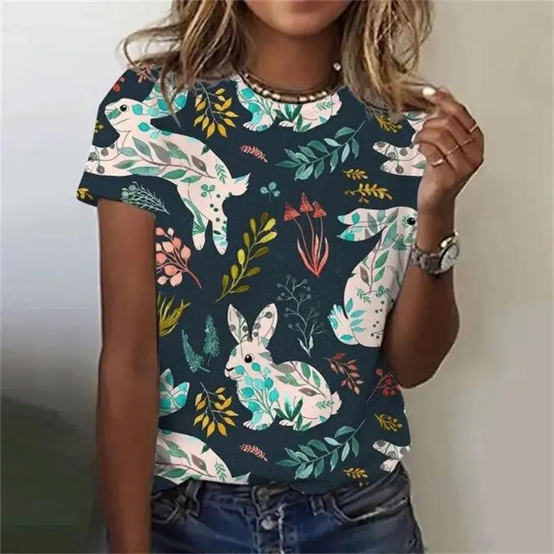 Rabbit Funny T-shirt Women Clothing 3d Print Design Easter Short Sleeve T Shirts Harajuku Street 2025 Summer New Female Tee Top