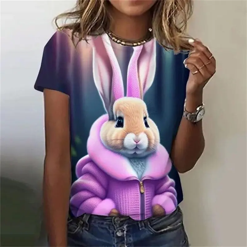 Rabbit Funny T-shirt Women Clothing 3d Print Design Easter Short Sleeve T Shirts Harajuku Street 2025 Summer New Female Tee Top