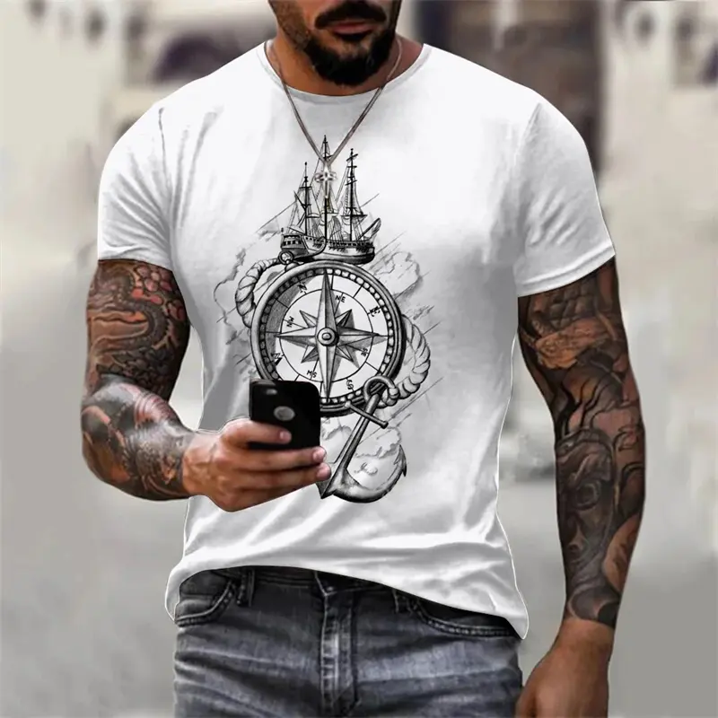 Retro Clock Compass Printed T-shirt For Men Summer Fashion Street Leisure Tee Shirt Short Sleeves O-neck Oversized Tees Top