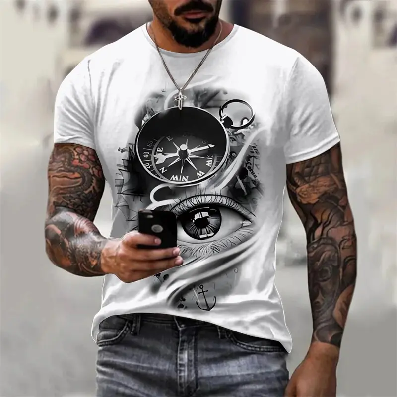 Retro Clock Compass Printed T-shirt For Men Summer Fashion Street Leisure Tee Shirt Short Sleeves O-neck Oversized Tees Top