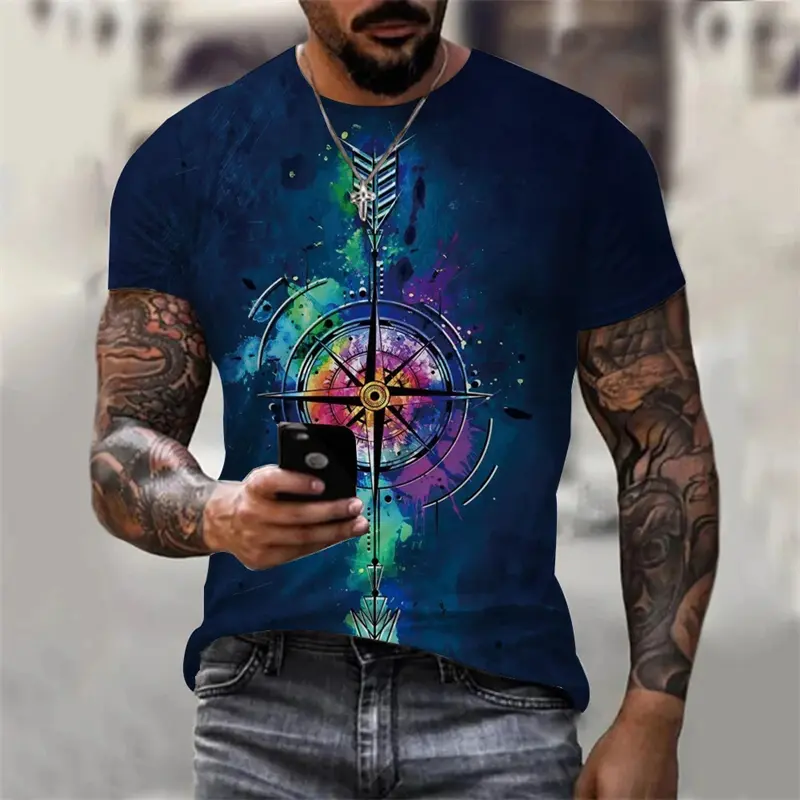 Retro Clock Compass Printed T-shirt For Men Summer Fashion Street Leisure Tee Shirt Short Sleeves O-neck Oversized Tees Top