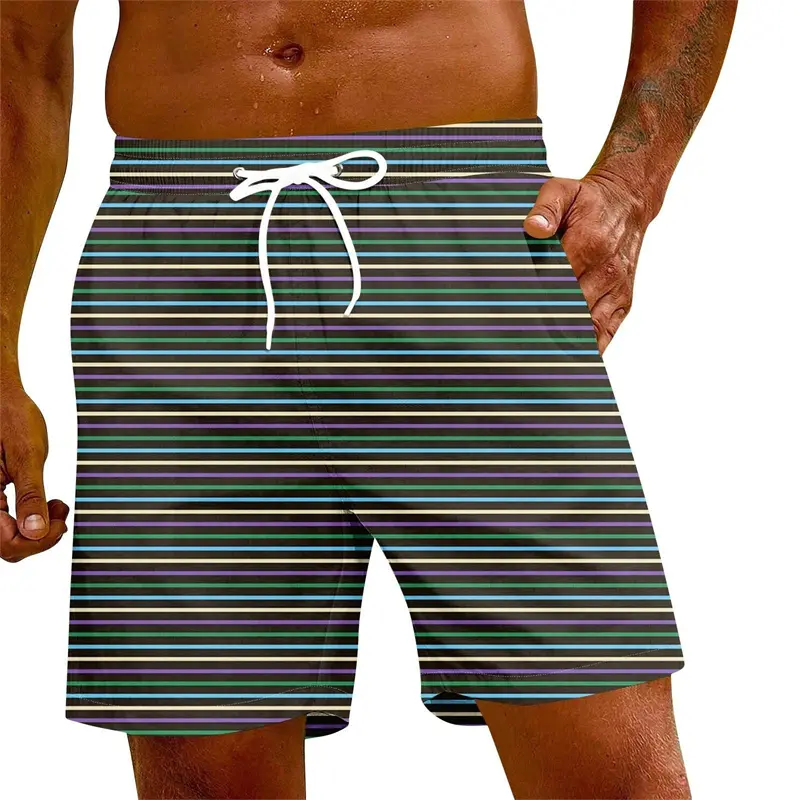 Fine Line Stripes Casual Board Short Men's Simple Fashion Design Quick Dry Beach Shorts Summer Daily Sport Vintage Street Tunks