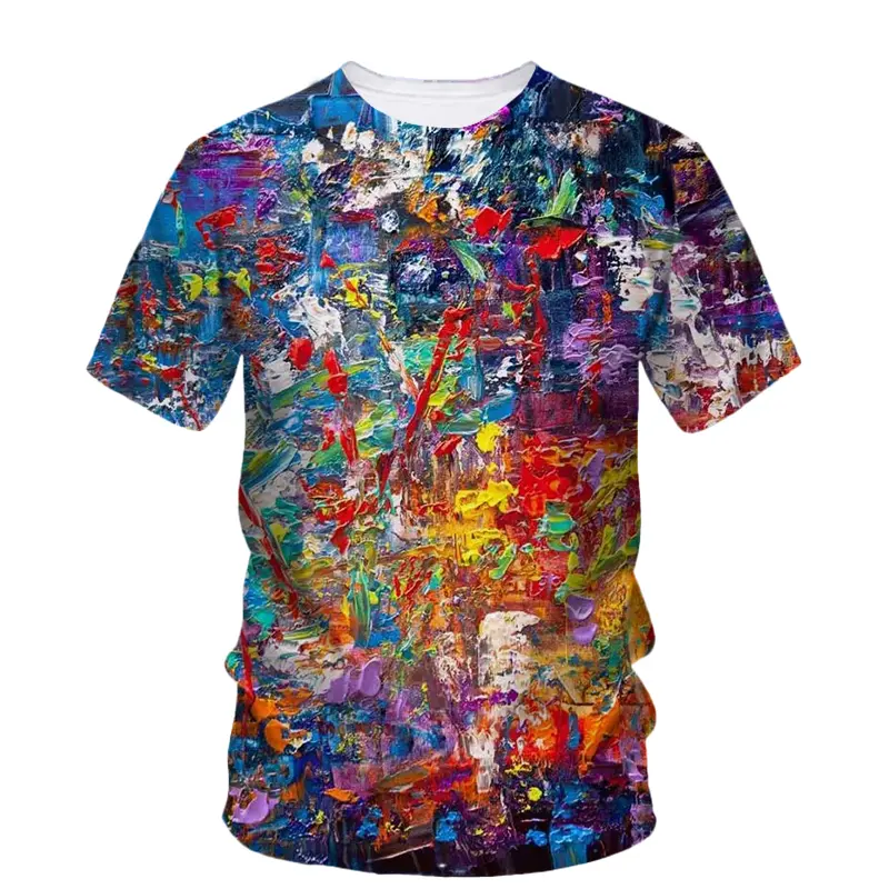 Street Art Graffiti T-shirt Men's Clothing Short Sleeves T Shirts 3D Printed Painting Irregular Striped Colorful Fashion Tees