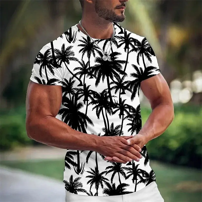 Casual Coconut Tree Print T-Shirt Summer Streetwear Loose Short Sleeve T Shirts Hawaiian Beach Vacation Fashion Trend Men Top