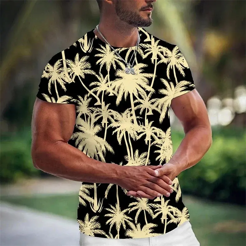 Casual Coconut Tree Print T-Shirt Summer Streetwear Loose Short Sleeve T Shirts Hawaiian Beach Vacation Fashion Trend Men Top