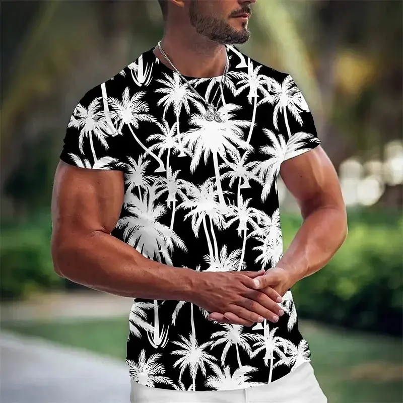 Casual Coconut Tree Print T-Shirt Summer Streetwear Loose Short Sleeve T Shirts Hawaiian Beach Vacation Fashion Trend Men Top