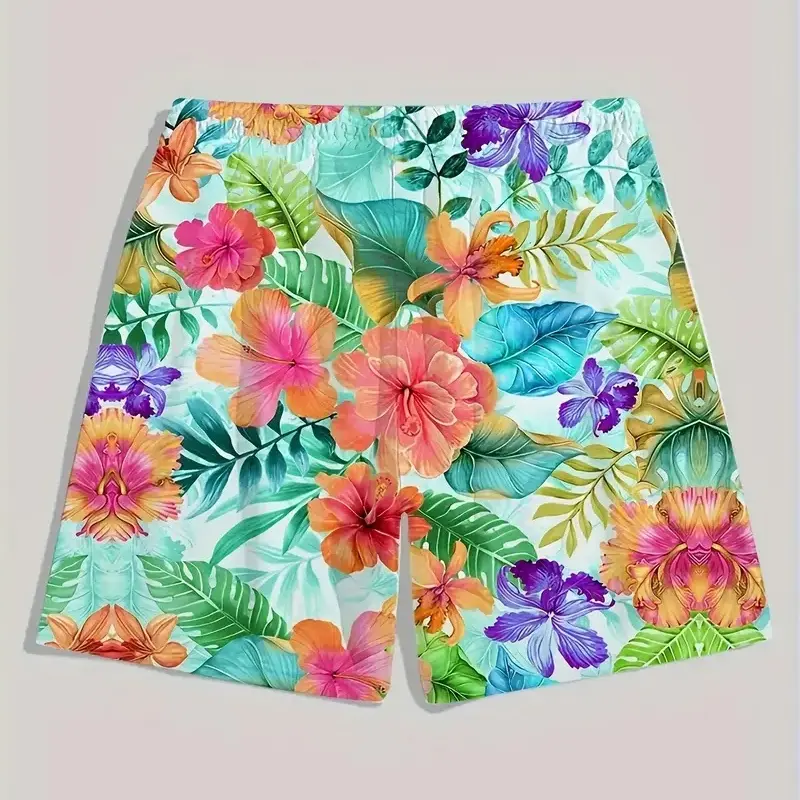 Bright Flowers Romantic Beach Shorts Men Women Full Over Print Graphic Oversized Drawstring Board Shorts Summer Outdoor Leisure