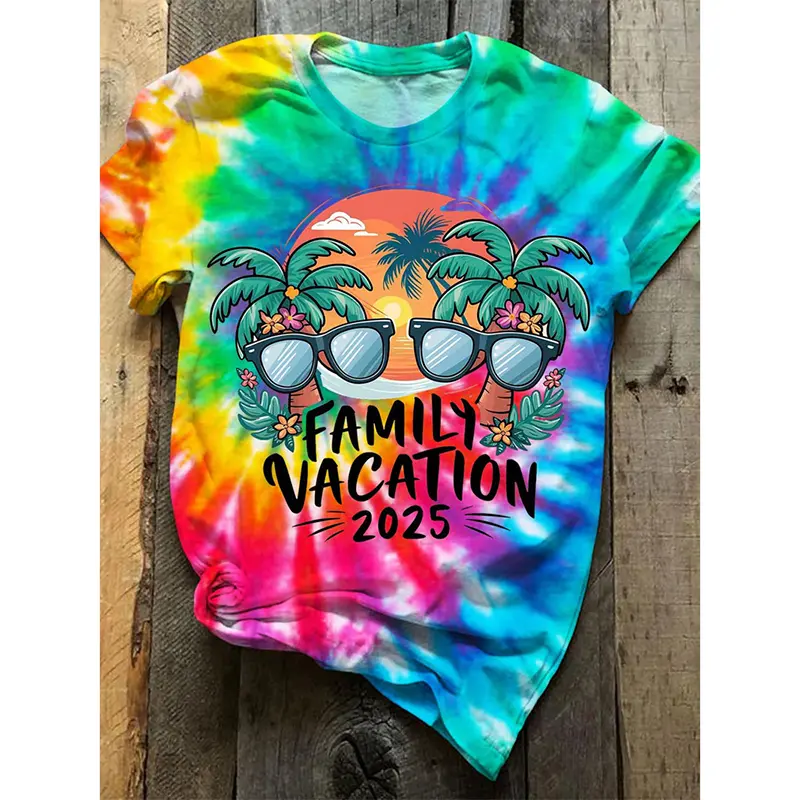 3D Print Tie-Dye Hawaii Style Women T-shirt 2025 Summer Beach Leisure Breathable Round Neck T Shirts Soft Polyester Loose Top