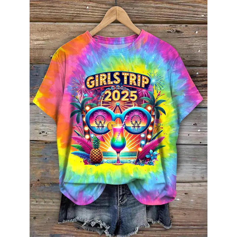 3D Print Tie-Dye Hawaii Style Women T-shirt 2025 Summer Beach Leisure Breathable Round Neck T Shirts Soft Polyester Loose Top
