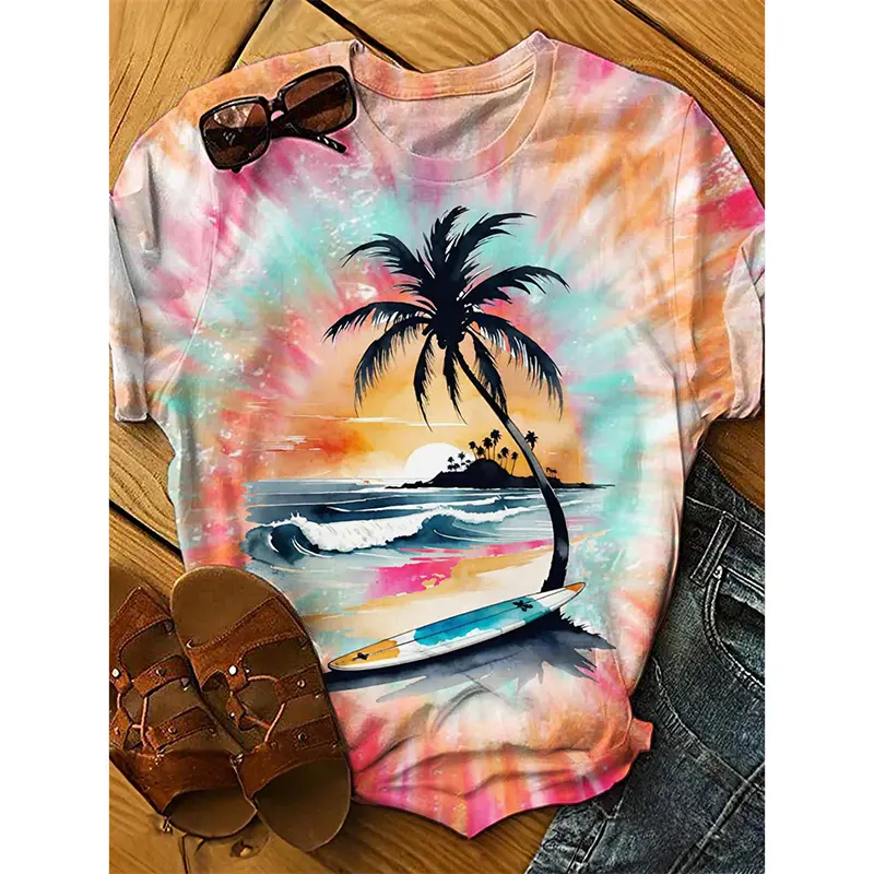 3D Print Tie-Dye Hawaii Style Women T-shirt 2025 Summer Beach Leisure Breathable Round Neck T Shirts Soft Polyester Loose Top