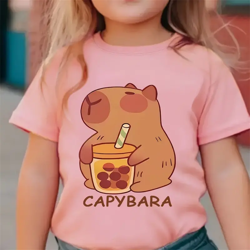 Cute Capybara Print T-shirt For Child All Over Print Graphic Cartoon Casual O-neck Short Sleeve T Shirts Kid Summer Fashion Tees