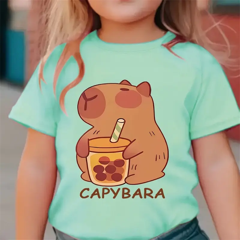 Cute Capybara Print T-shirt For Child All Over Print Graphic Cartoon Casual O-neck Short Sleeve T Shirts Kid Summer Fashion Tees