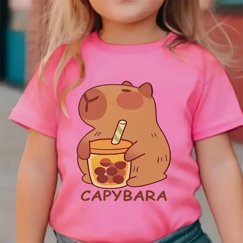 Cute Capybara Print T-shirt For Child All Over Print Graphic Cartoon Casual O-neck Short Sleeve T Shirts Kid Summer Fashion Tees