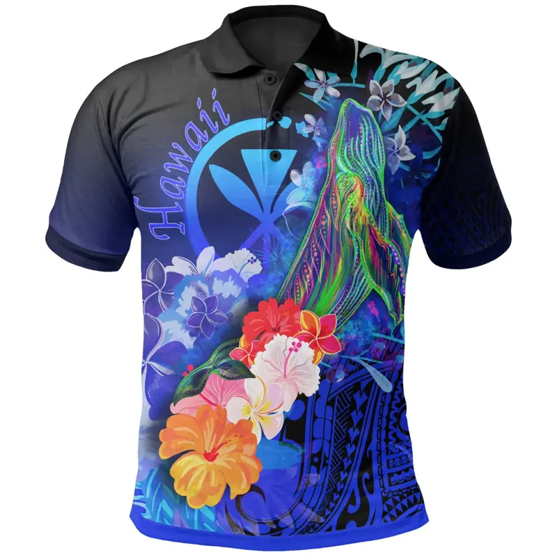 Hawaiian Whales Pattern Polo Shirt Men's Clothing Vacation Casual Lapel Shirts 3D Print Colorful Flower Trendy Fashion Tee Top