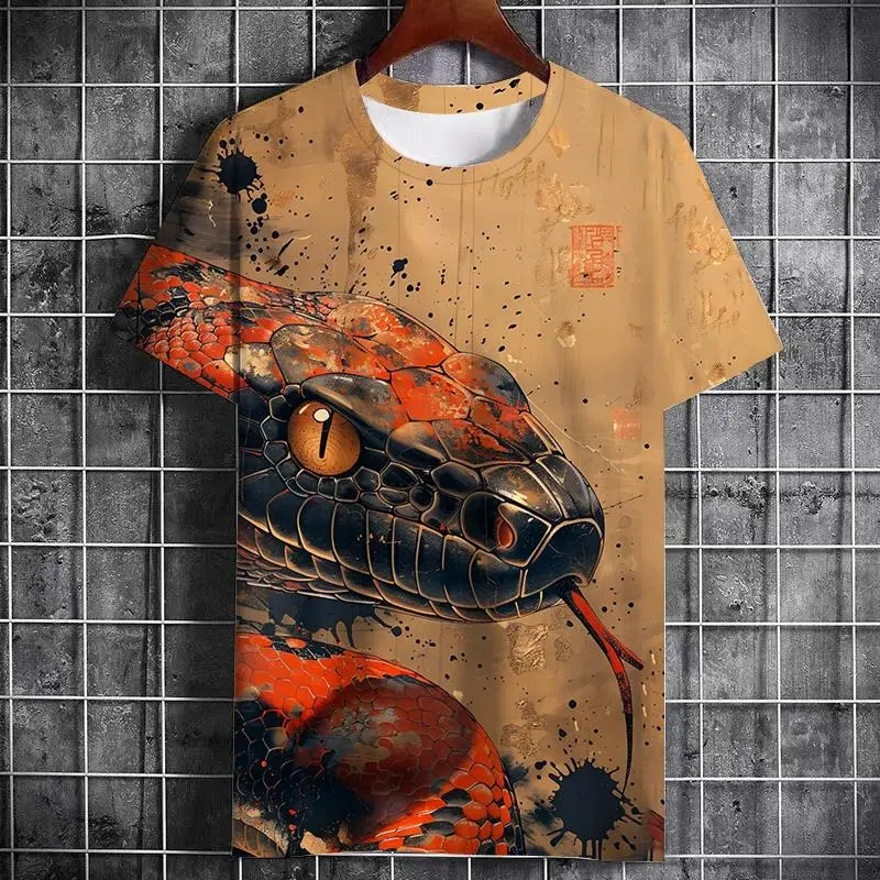 Snake Print Funny T-shirt Men Retro Graphic Design Street Harajuku O-neck T Shirts Personality Trend 2025 New Year Lucky Tee Top