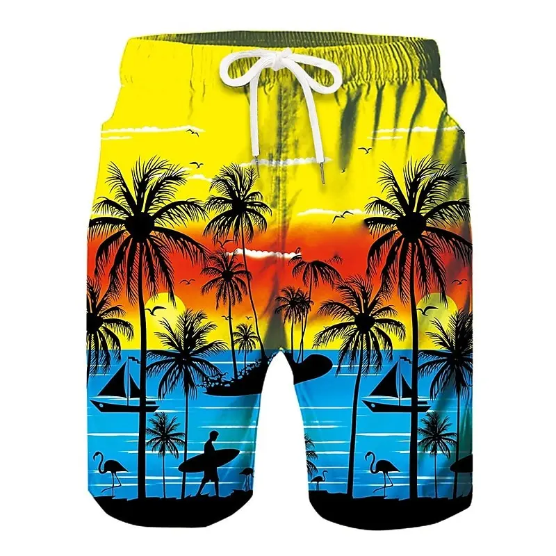 Tropical Scenery Color Matching Colorful Beach Shorts For Men Hawaiian Vacation Leisure Hot All Over Print Stripe Swim Trunks