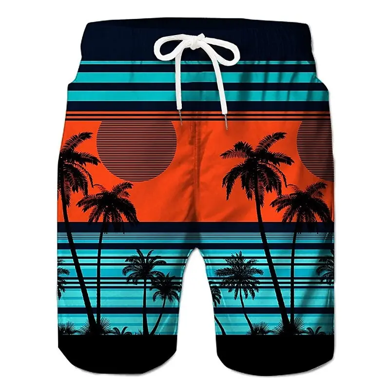 Tropical Scenery Color Matching Colorful Beach Shorts For Men Hawaiian Vacation Leisure Hot All Over Print Stripe Swim Trunks