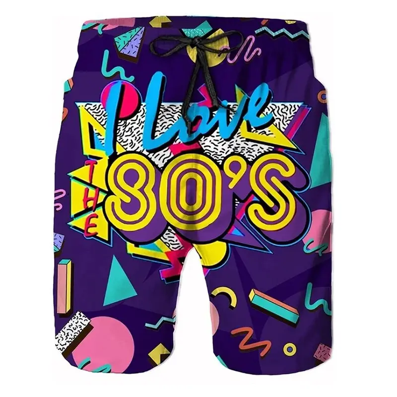 80s Neon Fashion Beach Short Men Clothes Geometric Patterns Print Surfing Swim Trunks 2025 Summer Sports Fashion Board Shirts