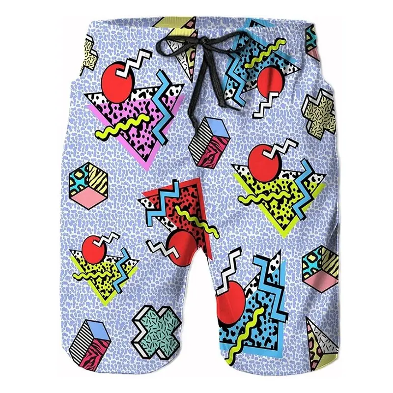 80s Neon Fashion Beach Short Men Clothes Geometric Patterns Print Surfing Swim Trunks 2025 Summer Sports Fashion Board Shirts