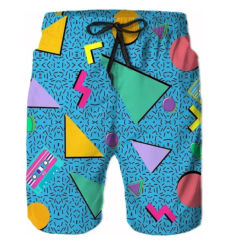 80s Neon Fashion Beach Short Men Clothes Geometric Patterns Print Surfing Swim Trunks 2025 Summer Sports Fashion Board Shirts