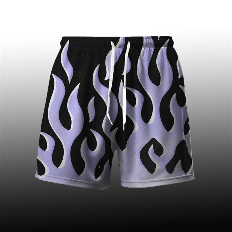 Flame Pattern Cool Harajuku Men's Board Short Y2k Personality Fire Stripe 3D Print Beach Shorts Breathable Loose Fashion Trunks