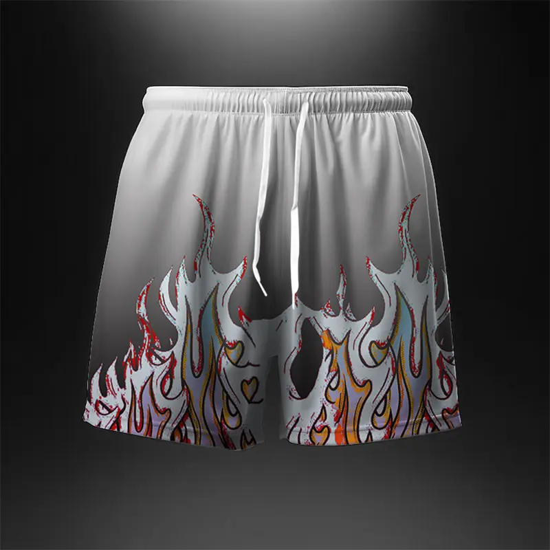 Flame Pattern Cool Harajuku Men's Board Short Y2k Personality Fire Stripe 3D Print Beach Shorts Breathable Loose Fashion Trunks