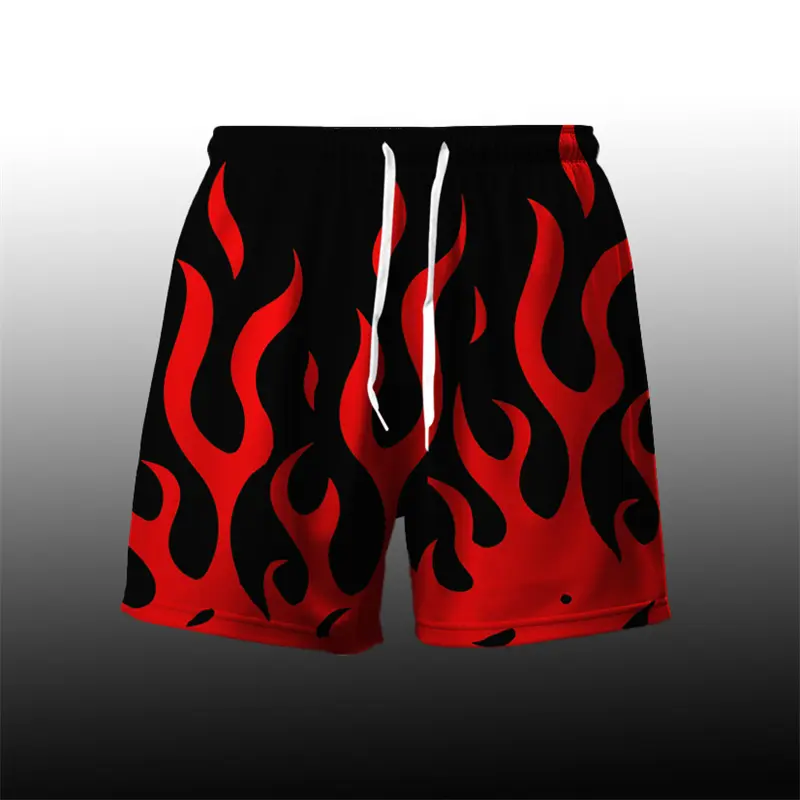 Flame Pattern Cool Harajuku Men's Board Short Y2k Personality Fire Stripe 3D Print Beach Shorts Breathable Loose Fashion Trunks
